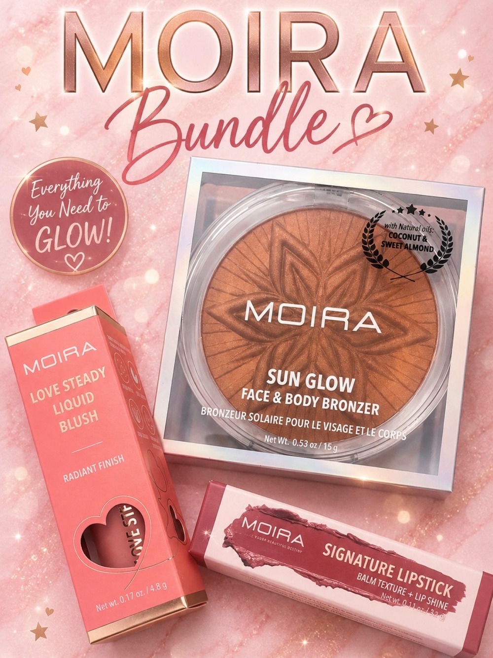 Moira Bundle -  Sun Glow Bronzer & Love Steady Liquid Blush + Signature Lipstick